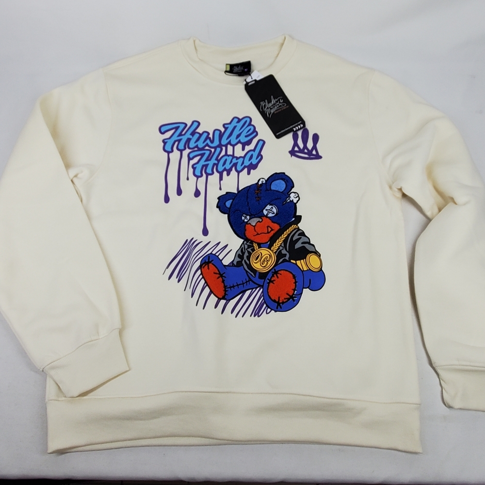 Bleecker & Mercer Sweatshirt Size Large L Beige Graphic Shirt Bear, Hustle Hard.